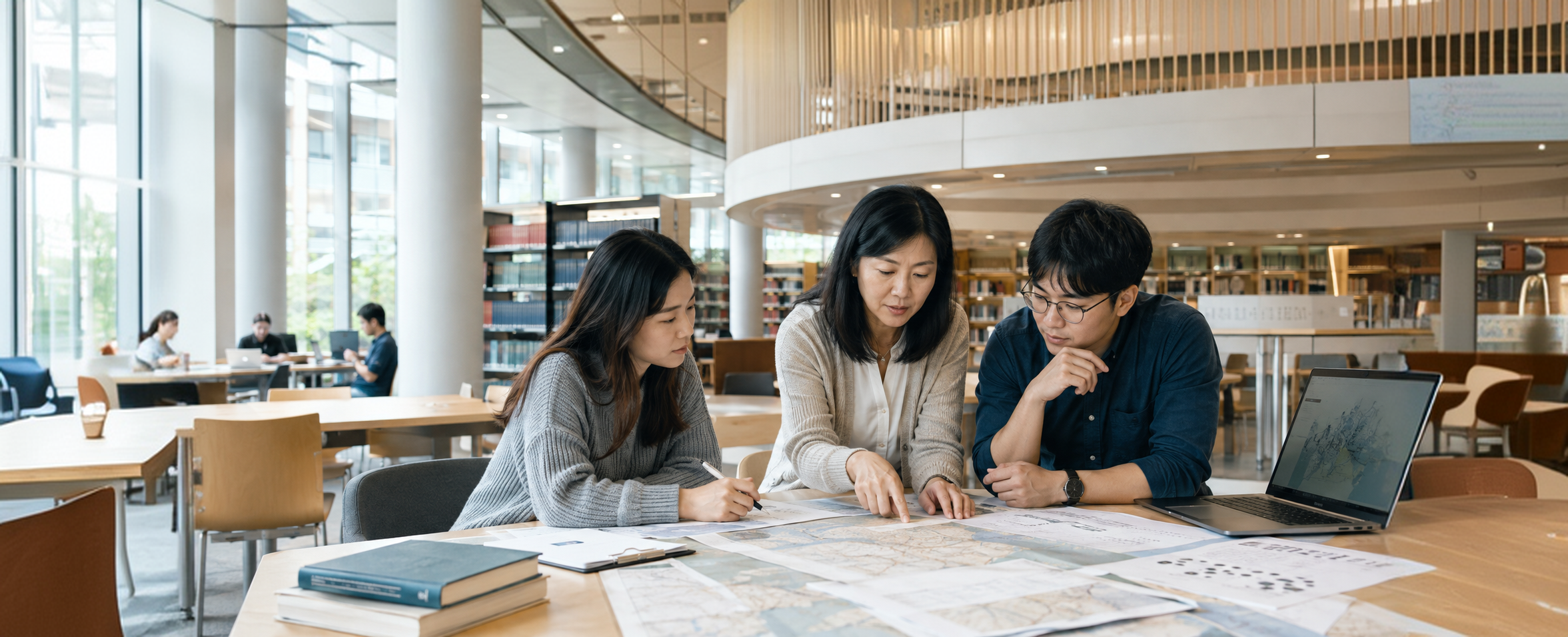 Students collaborating in the library
